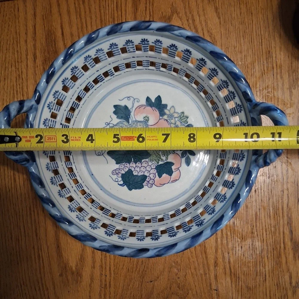 Vintage 90s Cottagecore Stoneware Basket Handles Fruit Lattice Butter Mom